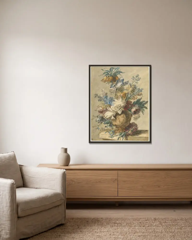 Bukett av vårblommor i terrakottavas av Jan van Huysum inramad på en vägg