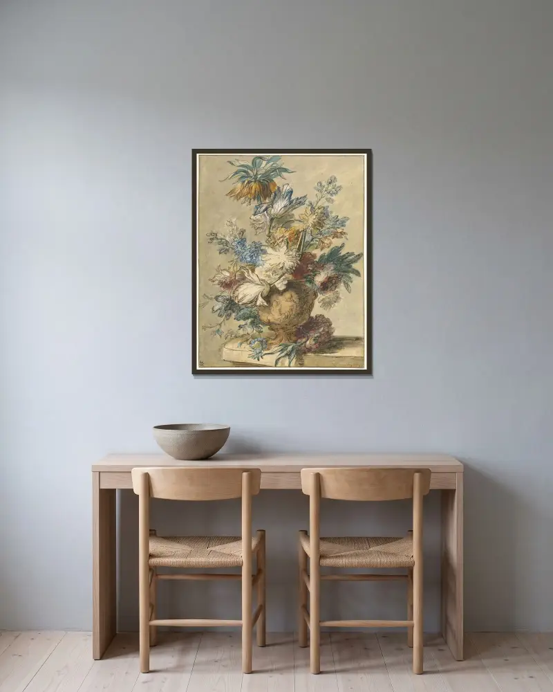 Bukett av vårblommor i terrakottavas av Jan van Huysum inramad på en vägg