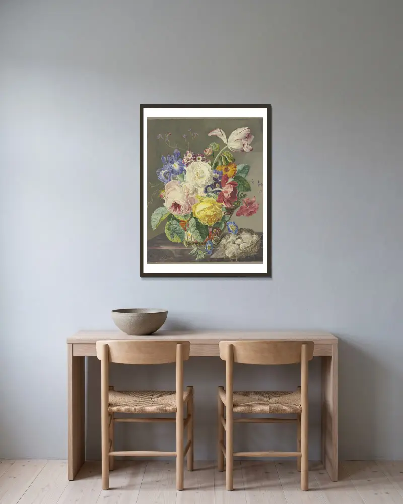 Flowers in a Woven Basket and a Bird’s Nest av Jan van Huysum inramad på en vägg