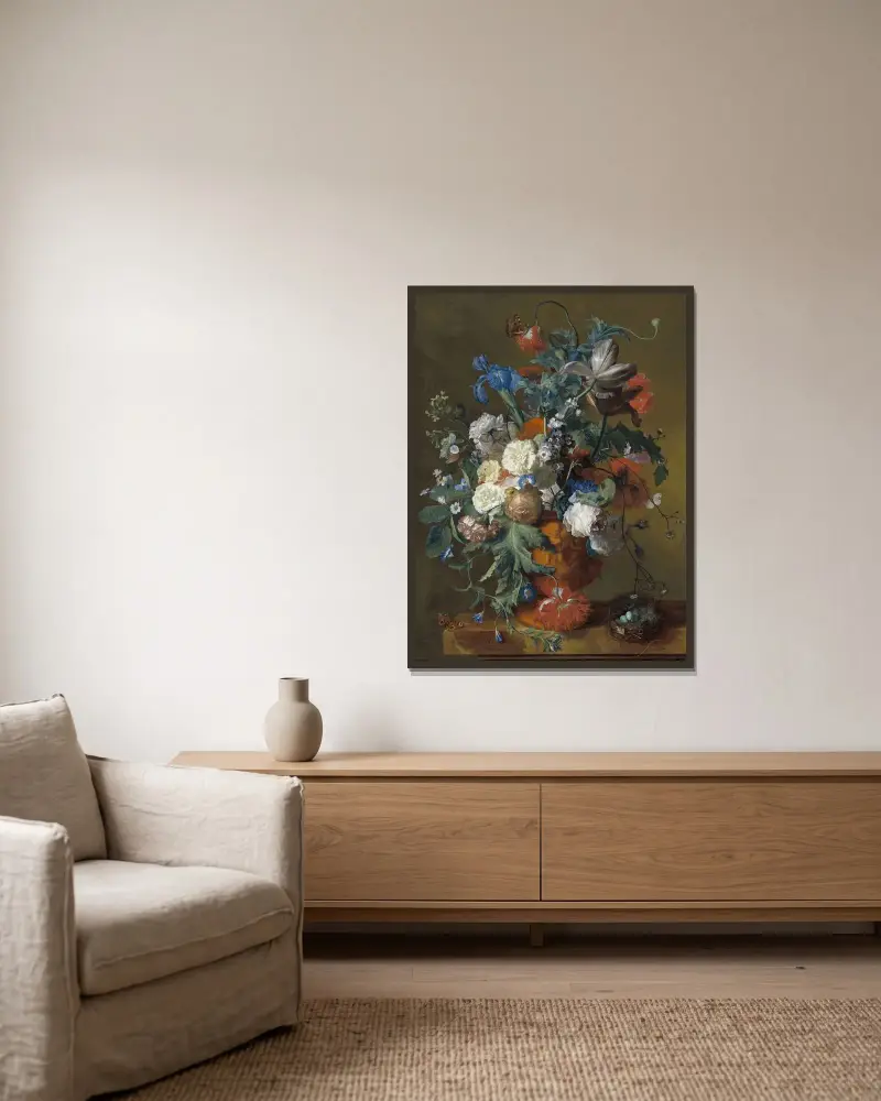 Blumen in einer Urne von Jan van Huysum gerahmt an einer Wand