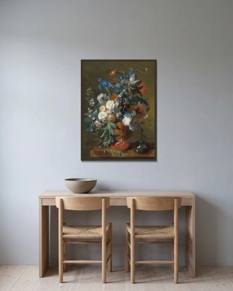 Blumen in einer Urne von Jan van Huysum gerahmt an einer Wand