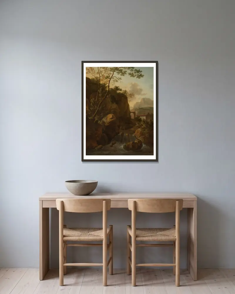 Italienische Felslandschaft mit Gebirgsbach und Kapelle av Jan van Huysum inramad på en vägg