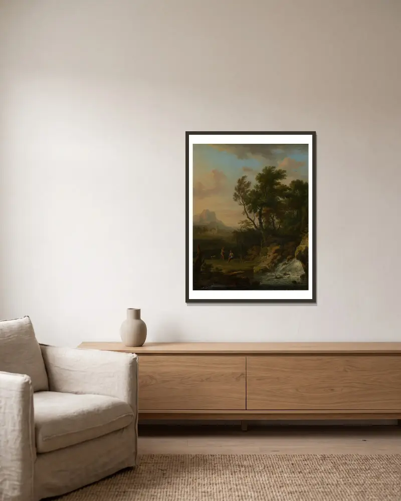 Italienische Landschaft mit Wasserfall und rastenden Hirten av Jan van Huysum inramad på en vägg