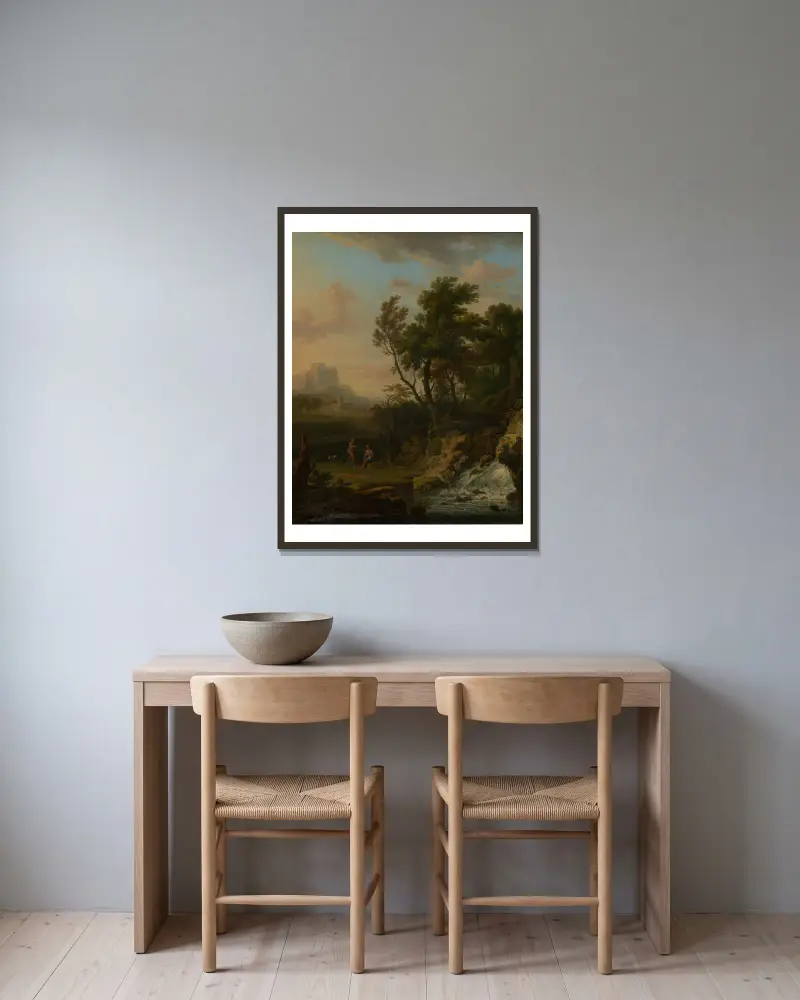 Italienische Landschaft mit Wasserfall und rastenden Hirten av Jan van Huysum inramad på en vägg