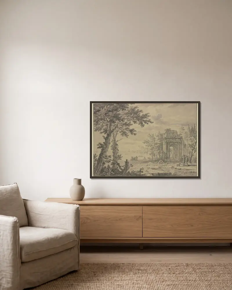 Landschaft mit einem Triumphbogen von Jan van Huysum gerahmt an einer Wand