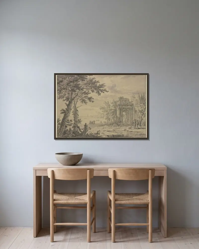 Landschaft mit einem Triumphbogen von Jan van Huysum gerahmt an einer Wand