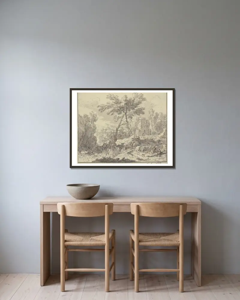 Landschaft mit einem Wasserfall, rechts an einem Baumstamm zwei Figuren av Jan van Huysum inramad på en vägg