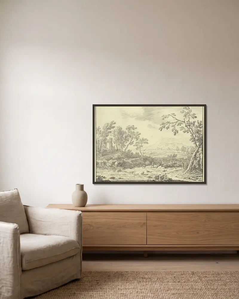 Landschaft mit Ruinen, vorne ein Hirte bei Schafen av Jan van Huysum inramad på en vägg