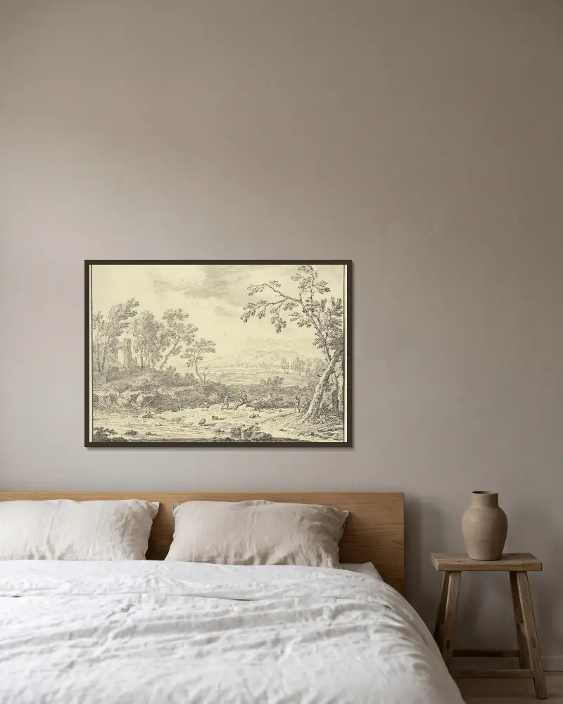Landschaft mit Ruinen, vorne ein Hirte bei Schafen av Jan van Huysum inramad på en vägg
