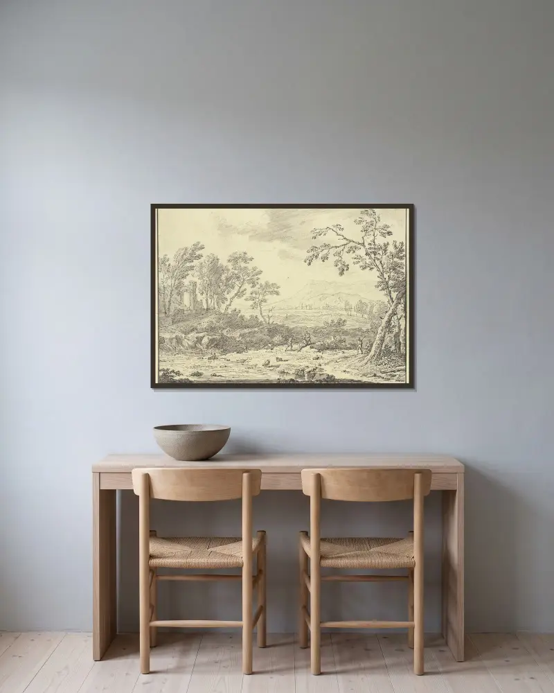 Landschaft mit Ruinen, vorne ein Hirte bei Schafen av Jan van Huysum inramad på en vägg