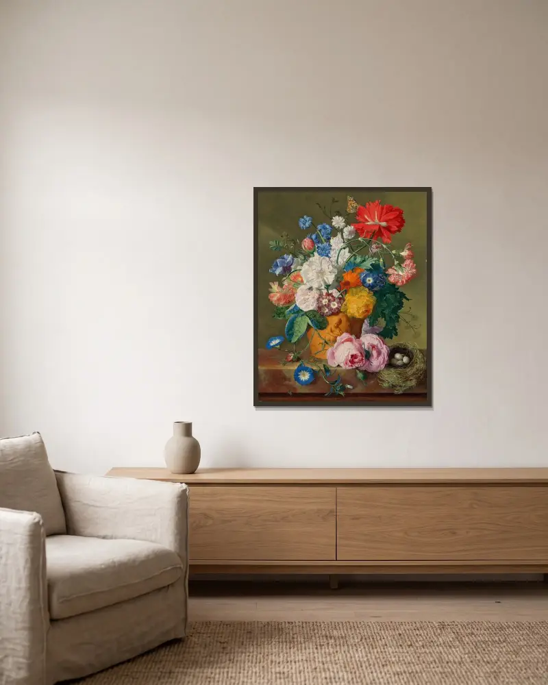 Rosor och andra blommor i terrakottavas med fågelbo på marmorkant av Jan van Huysum inramad på en vägg