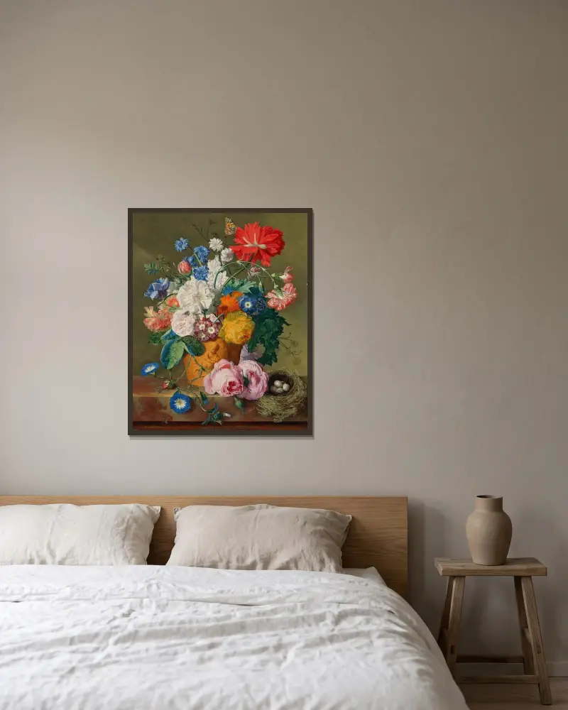 Rosor och andra blommor i terrakottavas med fågelbo på marmorkant av Jan van Huysum inramad på en vägg