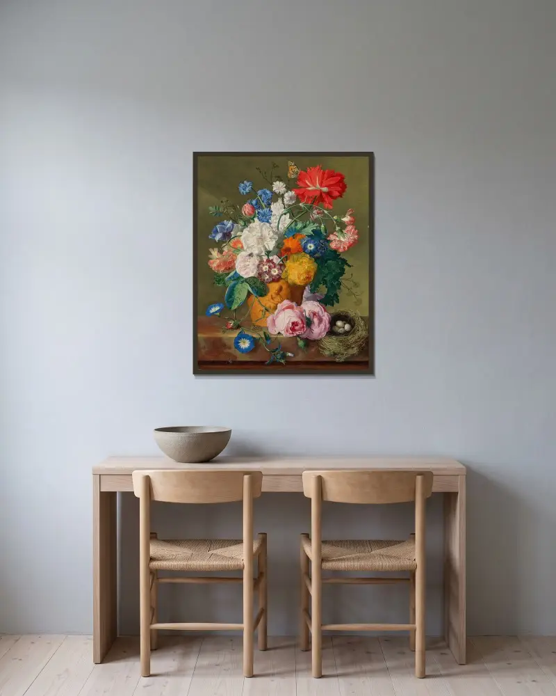 Rosor och andra blommor i terrakottavas med fågelbo på marmorkant av Jan van Huysum inramad på en vägg