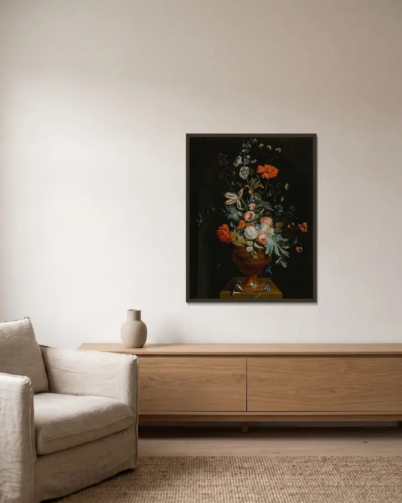 Stilleben med blommor i terrakottavas framför en stennisch av Jan van Huysum inramad på en vägg