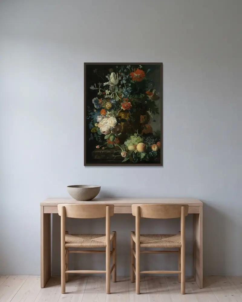 Still Life with Flowers and Fruit, 1721 av Jan van Huysum inramad på en vägg