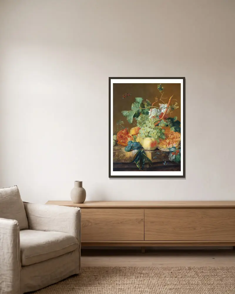 Still Life with Fruit av Jan van Huysum inramad på en vägg
