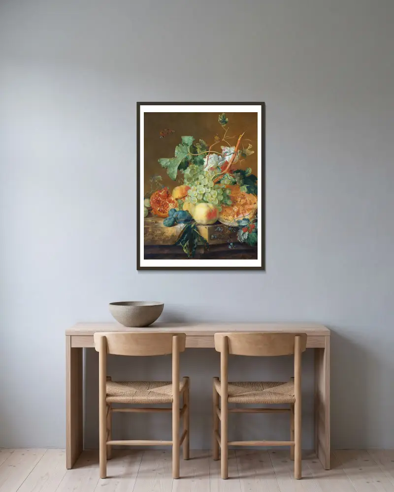 Still Life with Fruit av Jan van Huysum inramad på en vägg