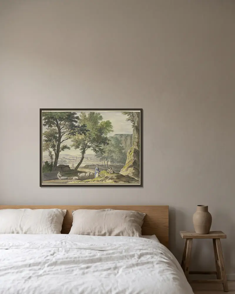 Stilvolle Landschaft mit Schafhirten, in der Ferne eine Stadt av Jan van Huysum inramad på en vägg