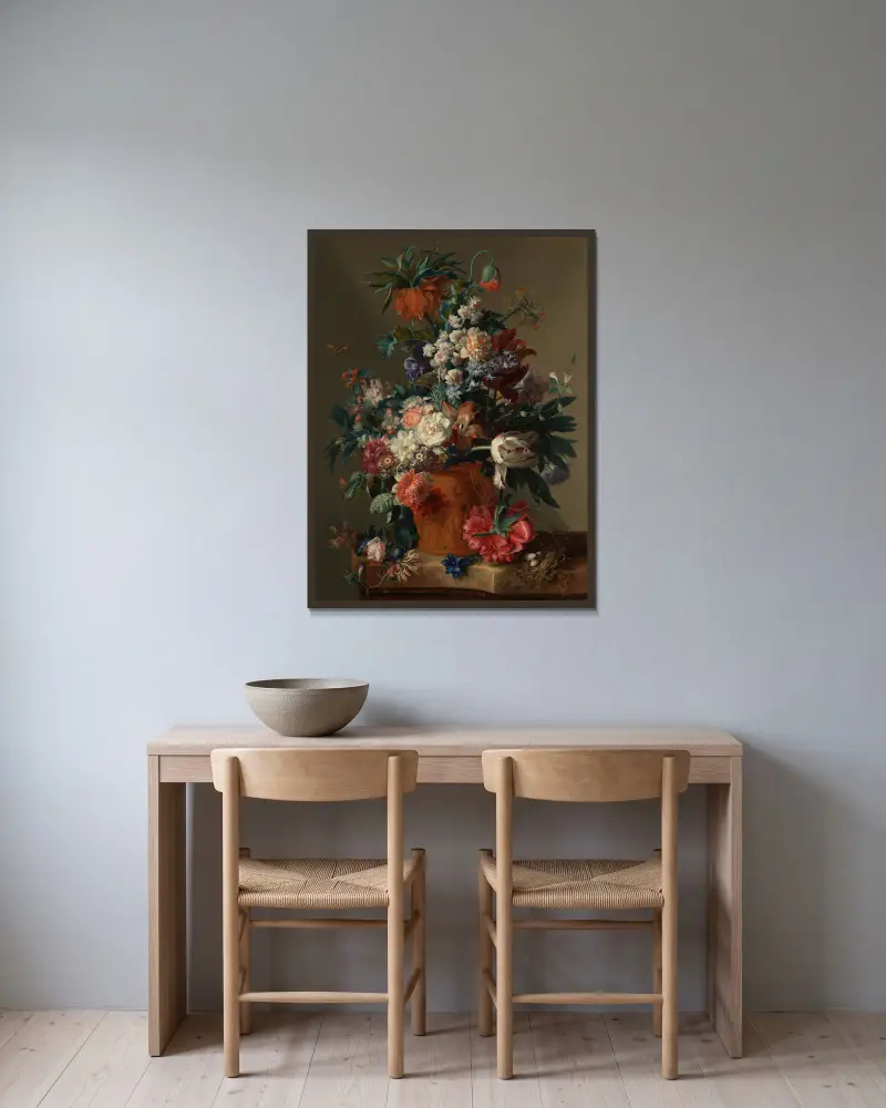 Vase of Flowers av Jan van Huysum inramad på en vägg