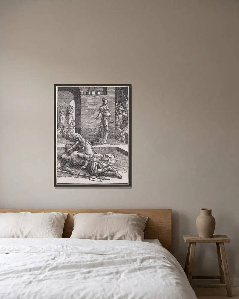 Jael tötet Sisera von Lucas Van Leyden gerahmt an einer Wand