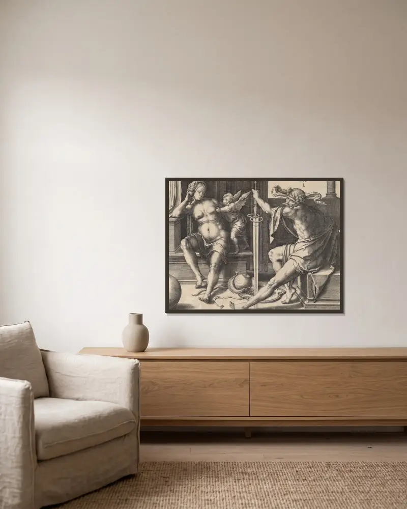 Mars, Venus und Amor von Lucas Van Leyden gerahmt an einer Wand