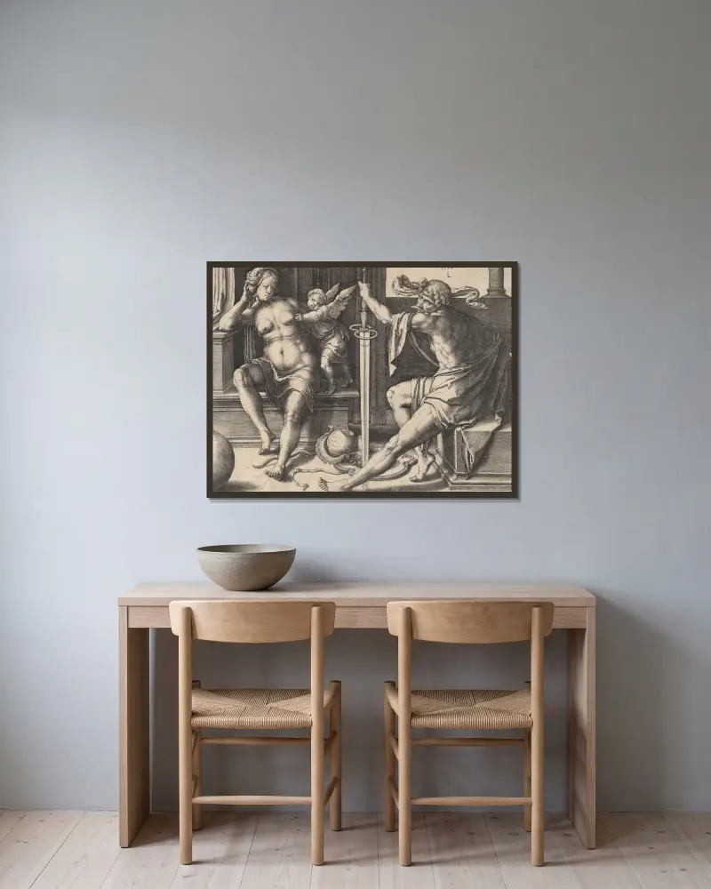 Mars, Venus und Amor von Lucas Van Leyden gerahmt an einer Wand