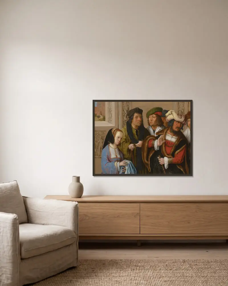 Potifars hustru visar sin makes Josefs mantel. I bakgrunden; Josef förs till fängelset av Lucas Van Leyden inramad på en vägg