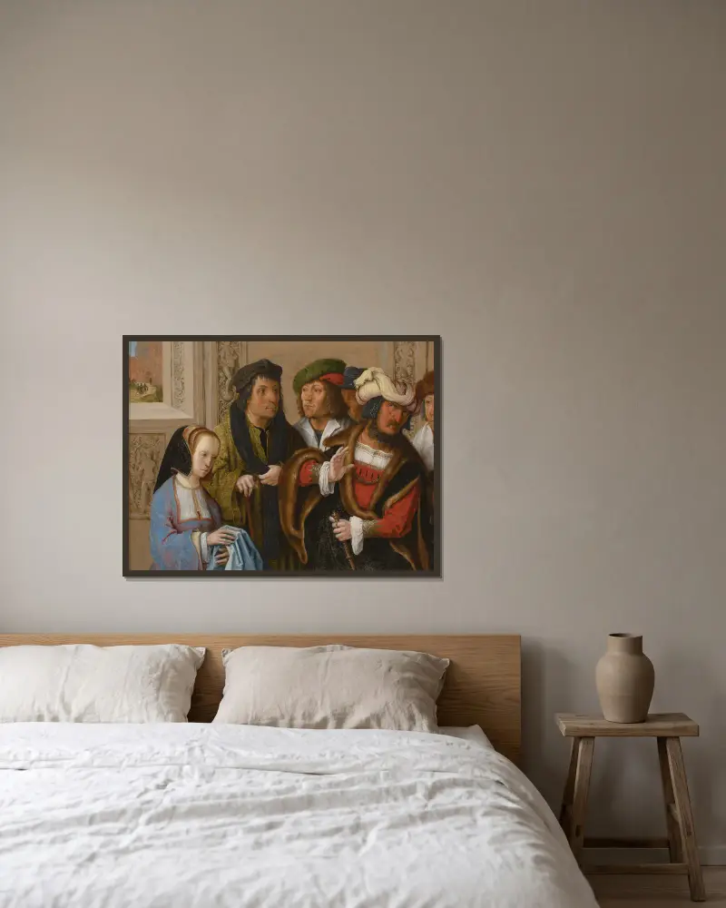 Potifars hustru visar sin makes Josefs mantel. I bakgrunden; Josef förs till fängelset av Lucas Van Leyden inramad på en vägg