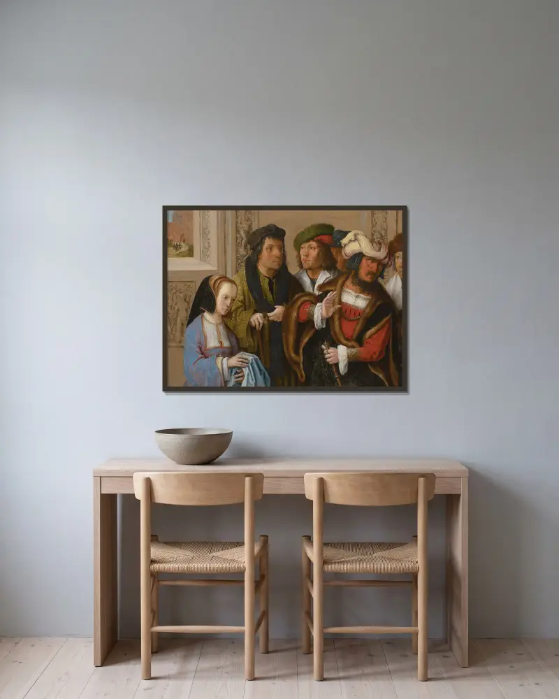 Potifars hustru visar sin makes Josefs mantel. I bakgrunden; Josef förs till fängelset av Lucas Van Leyden inramad på en vägg
