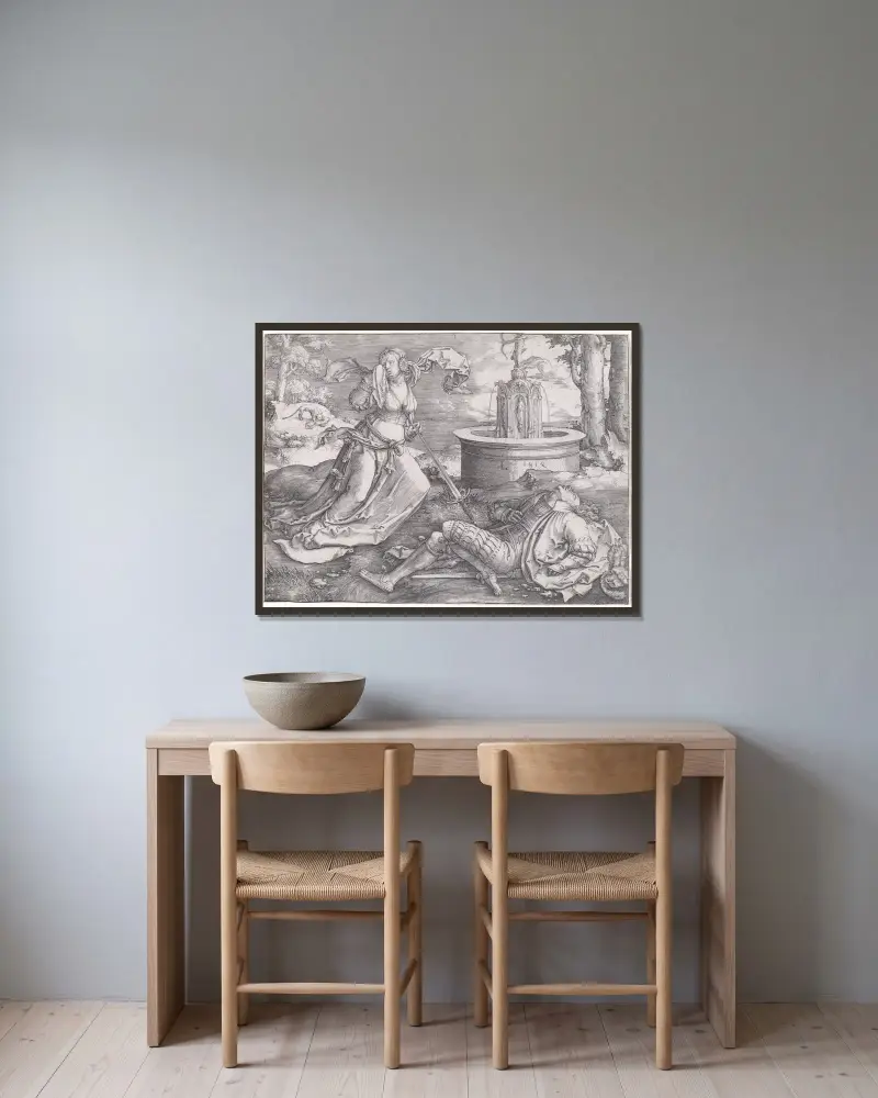 Pyramus und Thisbe von Lucas Van Leyden gerahmt an einer Wand