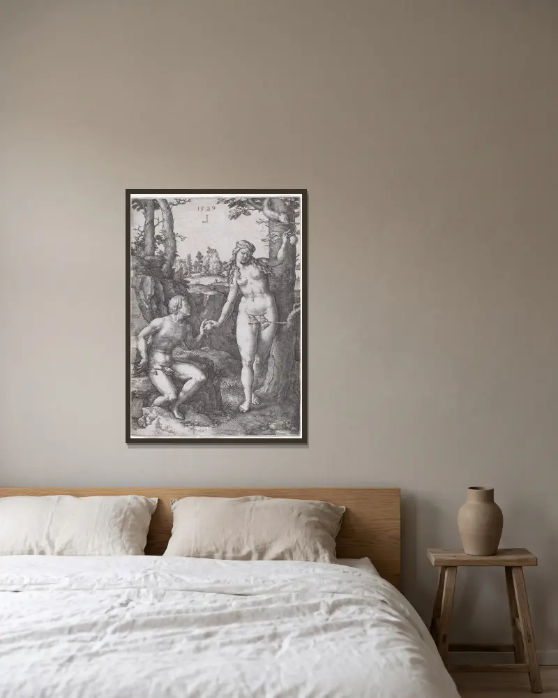 The Fall of Man, 1529 – nr 1 av Lucas Van Leyden inramad på en vägg