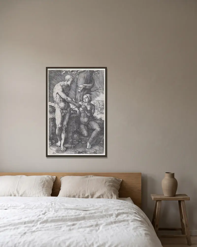 The Fall of Man, 1529 – nr 2 av Lucas Van Leyden inramad på en vägg