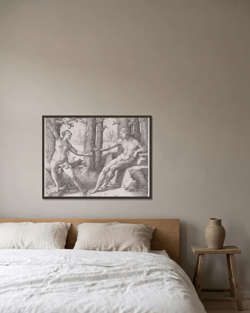 Der Sündenfall, 1530 von Lucas Van Leyden gerahmt an einer Wand