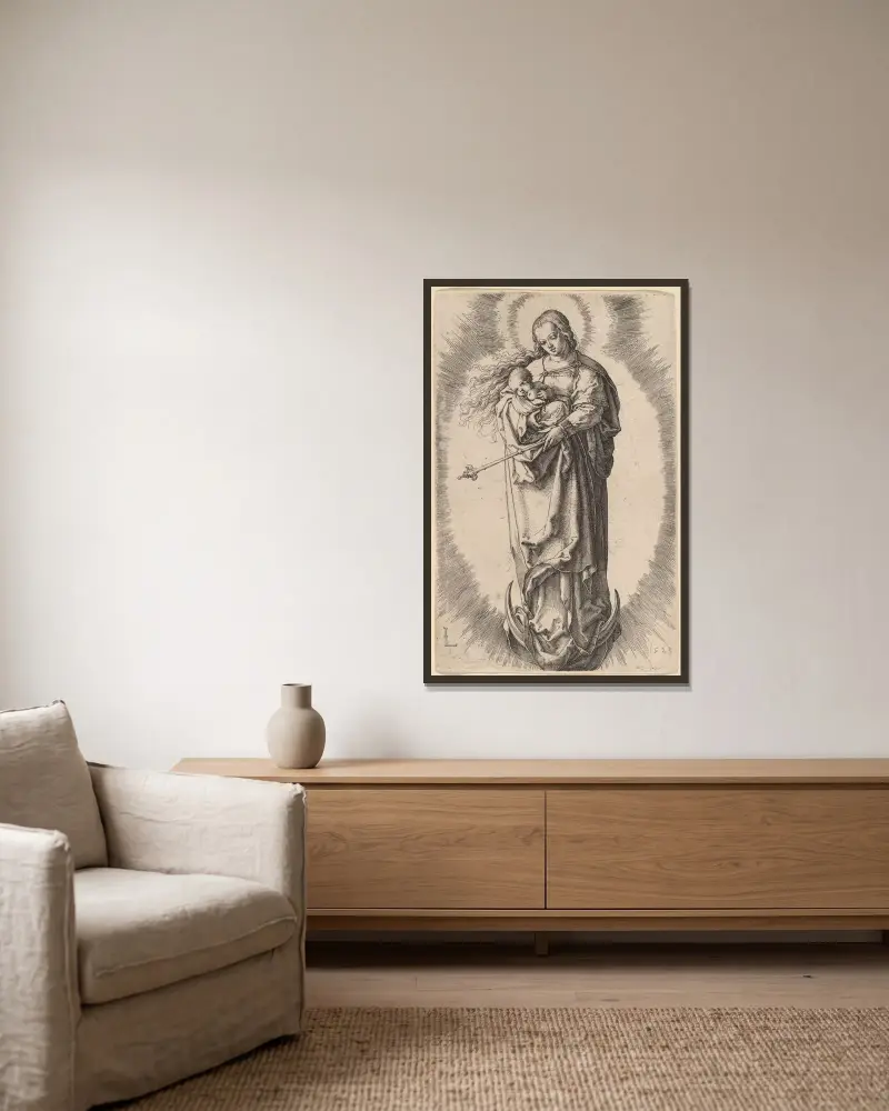 Panna Maria s dítětem na půlměsíci, Lucas Van Leyden v rámu na stěně