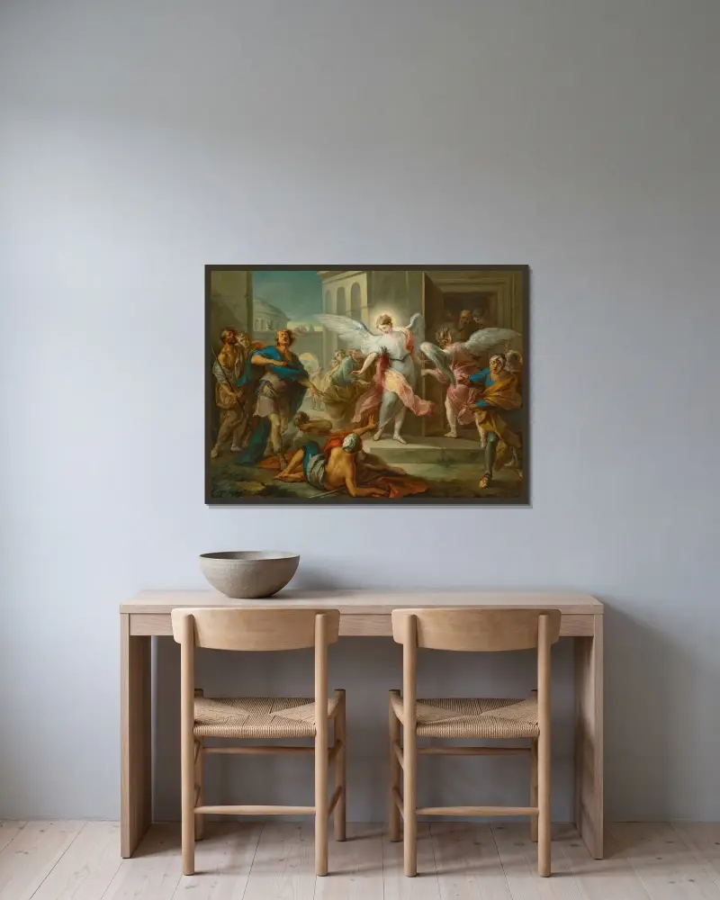 The Blinding of the Inhabitants of Sodom av Charles-André van Loo inramad på en vägg