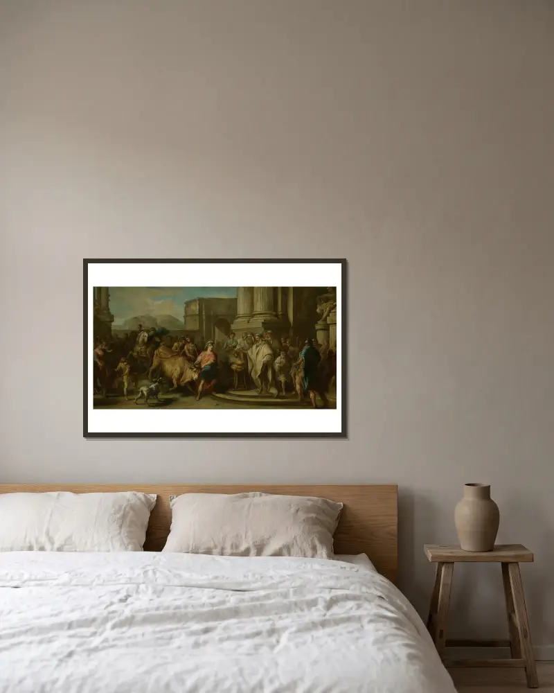 Theseus Taming the Bull of Marathon av Charles-André van Loo inramad på en vägg