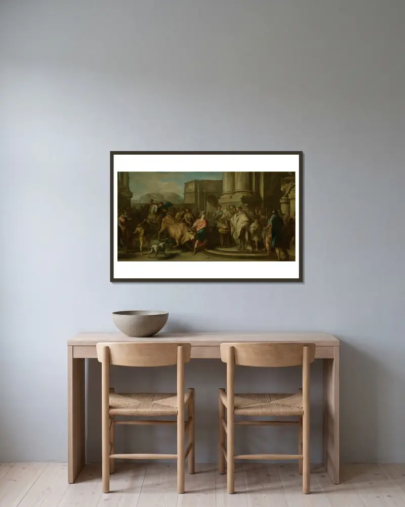 Theseus Taming the Bull of Marathon av Charles-André van Loo inramad på en vägg