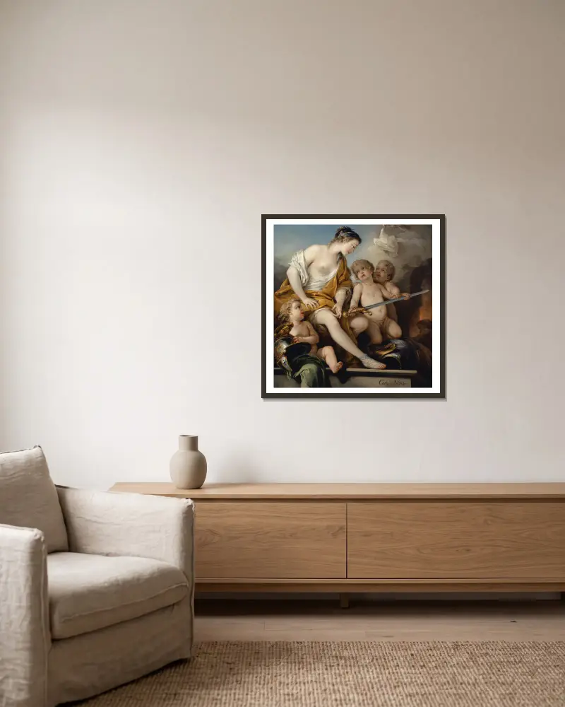Venus And Cupids With The Arms Of Mars av Charles-André van Loo inramad på en vägg