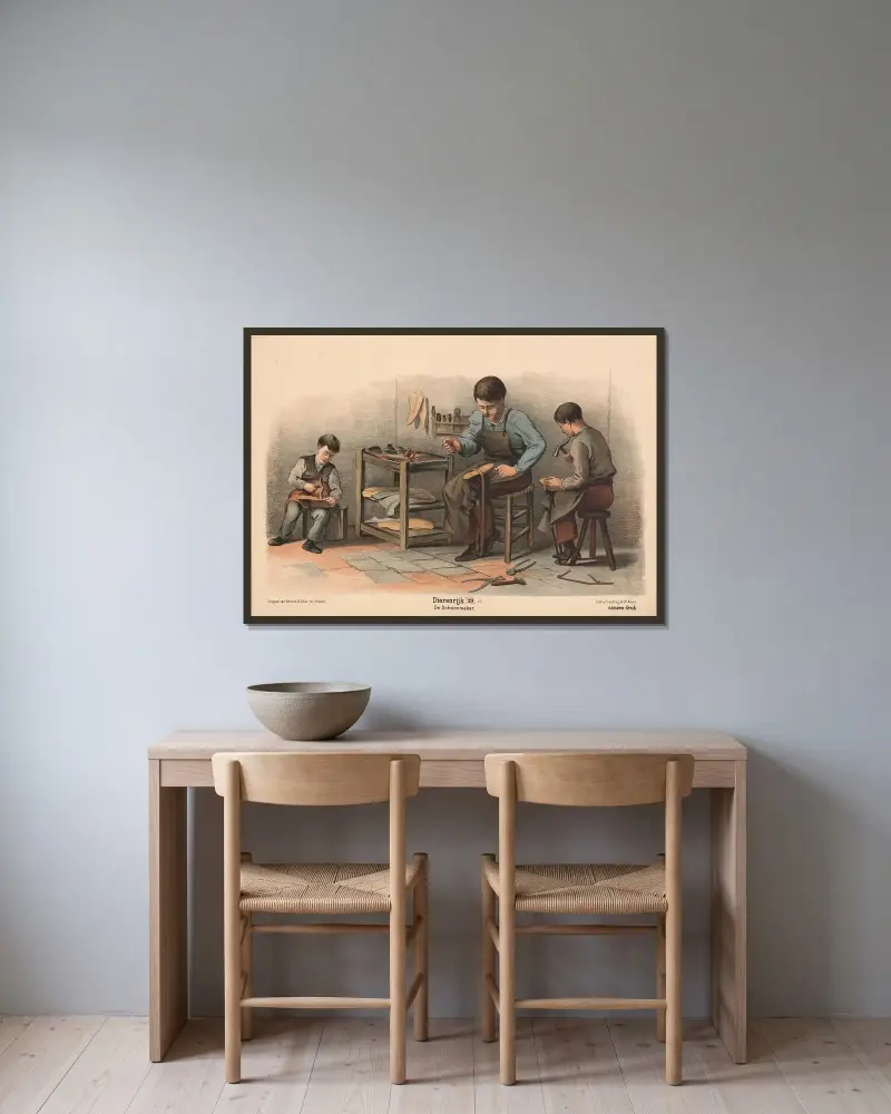 Der Schuhmacher von Hendrik Jan van Lummel gerahmt an einer Wand
