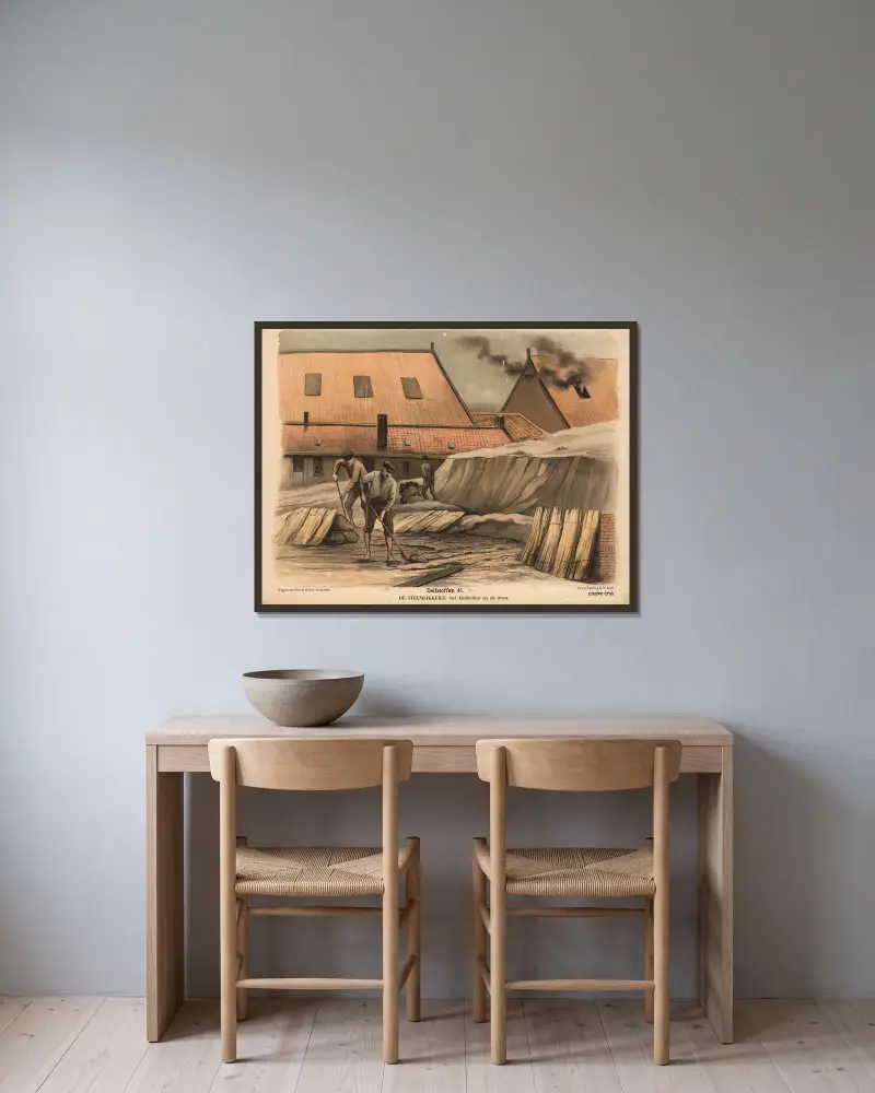 De Steenbakkerij; het kleitreden en de oven av Hendrik Jan van Lummel inramad på en vägg