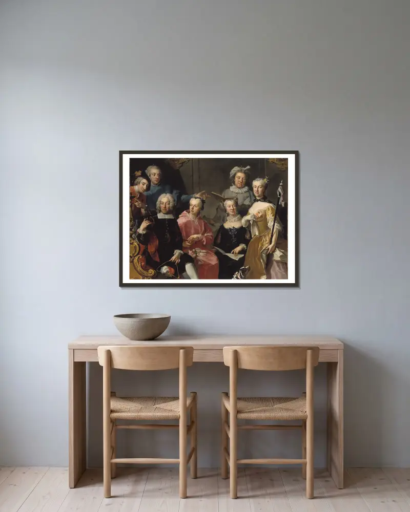 Ulrika Lovisa Tessin, Carl Gustaf Tessin, Erik Sparre, Johan Gabriel Sack, Nils Bielke, Eva Bielke and Hedvig Elisabet Sack av Martin van Meytens inramad på en vägg
