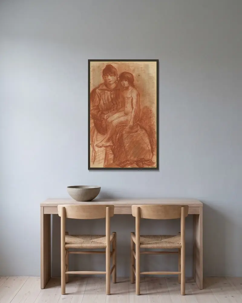 En flicka som naket sitter i moderns knä av Eugeen Van Mieghem inramad på en vägg