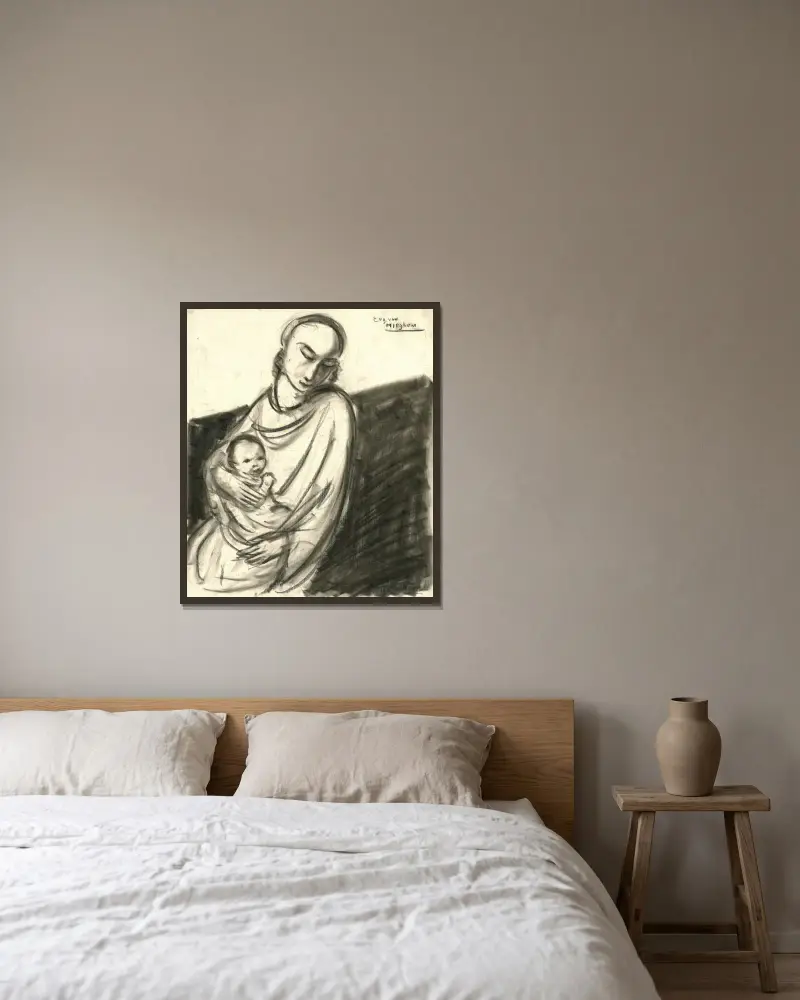 En mor med ett barn i sitt knä av Eugeen Van Mieghem inramad på en vägg