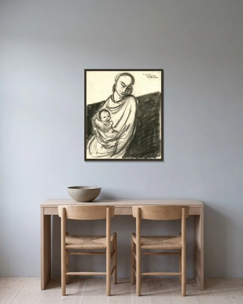 En mor med ett barn i sitt knä av Eugeen Van Mieghem inramad på en vägg