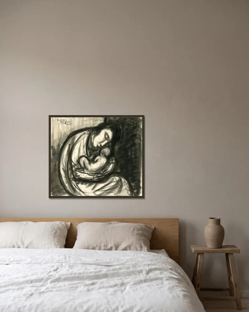 En mamma med ett barn i knät. Hon sitter böjd över sitt barn. av Eugeen Van Mieghem inramad på en vägg