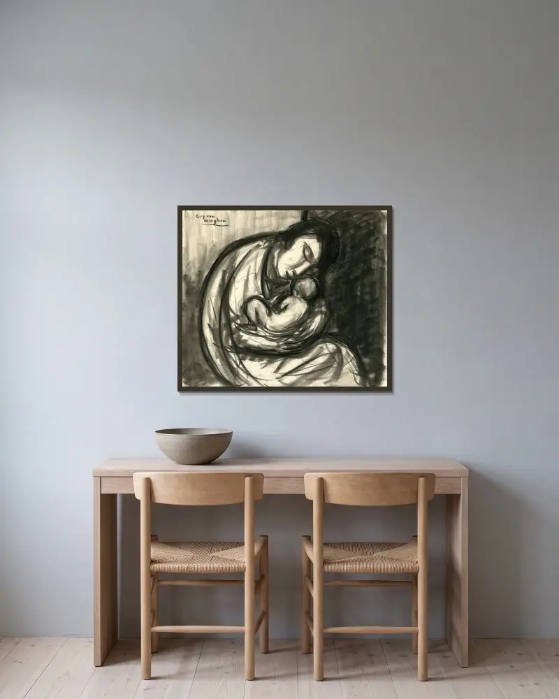 En mamma med ett barn i knät. Hon sitter böjd över sitt barn. av Eugeen Van Mieghem inramad på en vägg