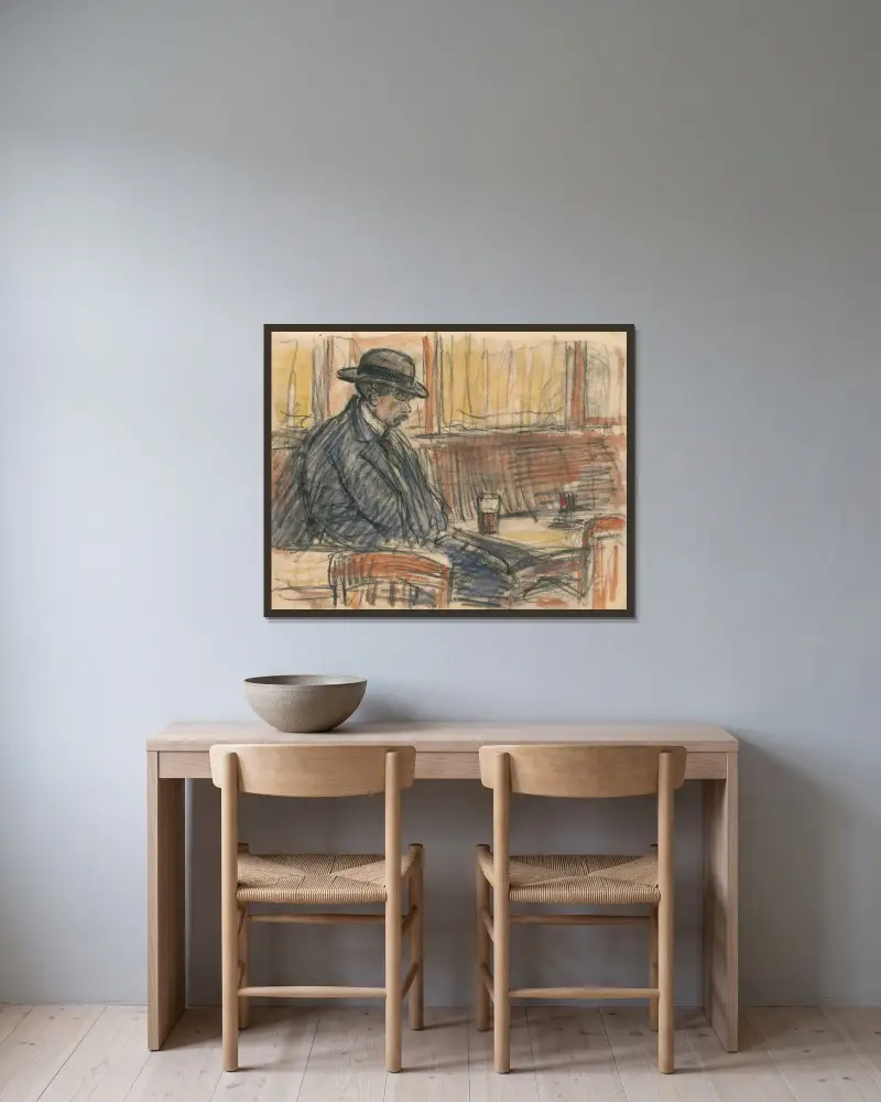 En gammal man på kafé av Eugeen Van Mieghem inramad på en vägg