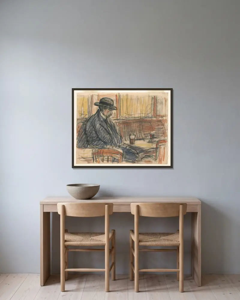 En gammal man på kafé av Eugeen Van Mieghem inramad på en vägg