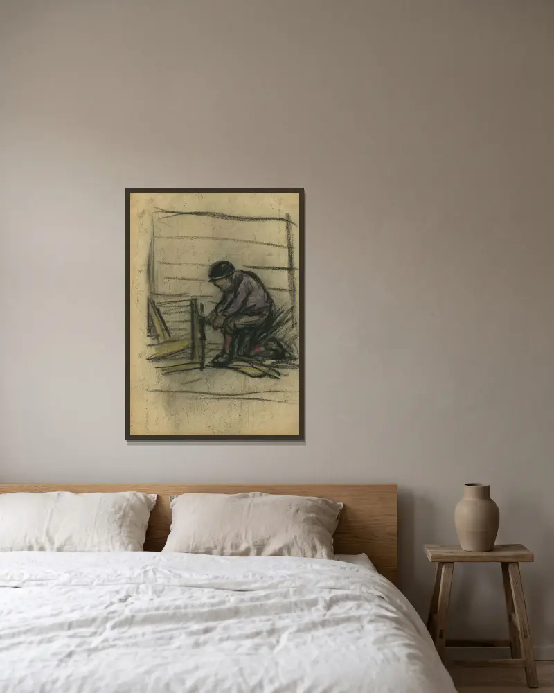 Knäböjande figur vid ett staket av Eugeen Van Mieghem inramad på en vägg