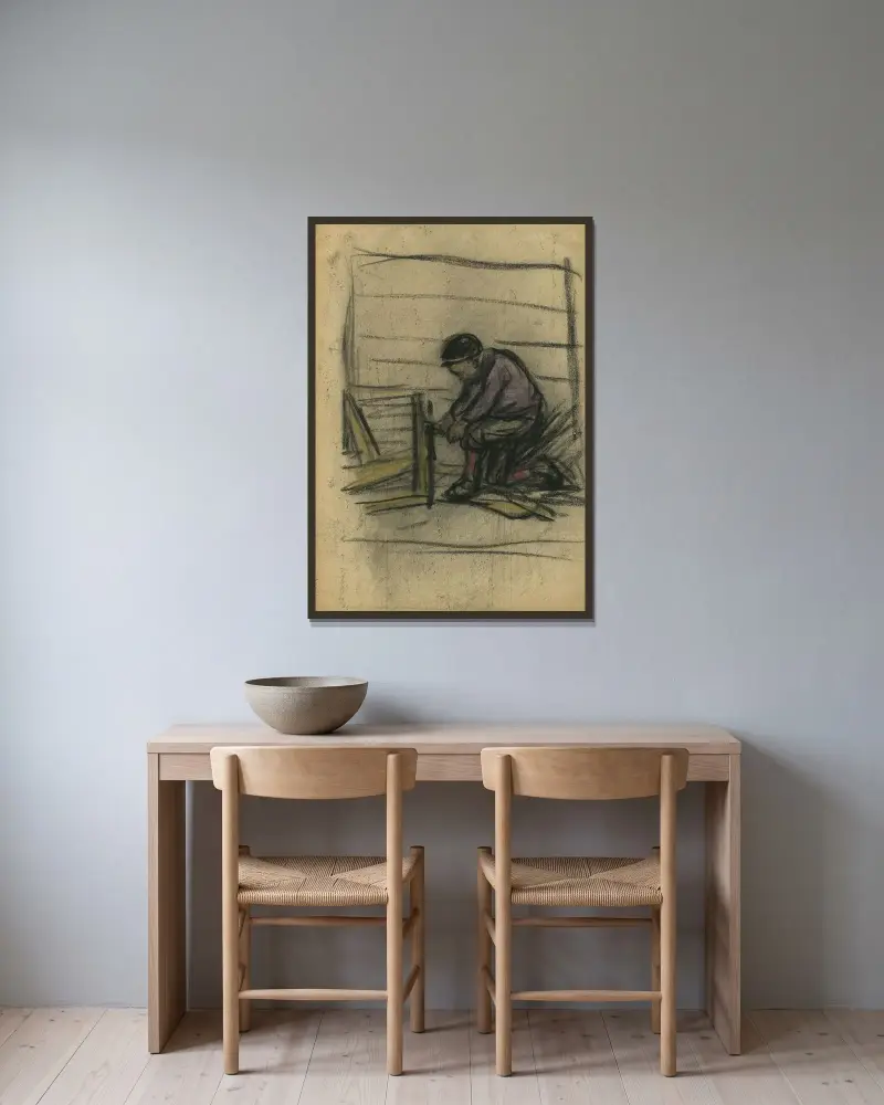 Knäböjande figur vid ett staket av Eugeen Van Mieghem inramad på en vägg